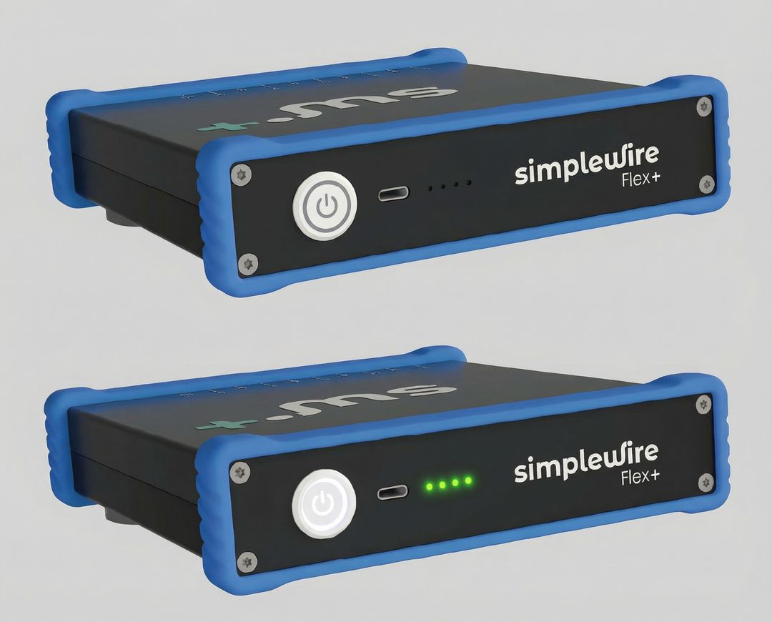 Close-up of the Flex+ unit showing the power button and status lights