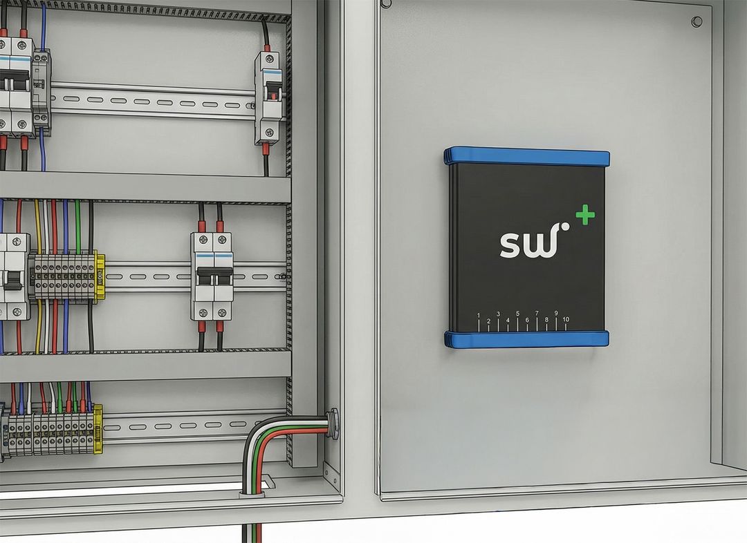 Flex+ unit securely mounted in an electrical panel with the front facing outwards